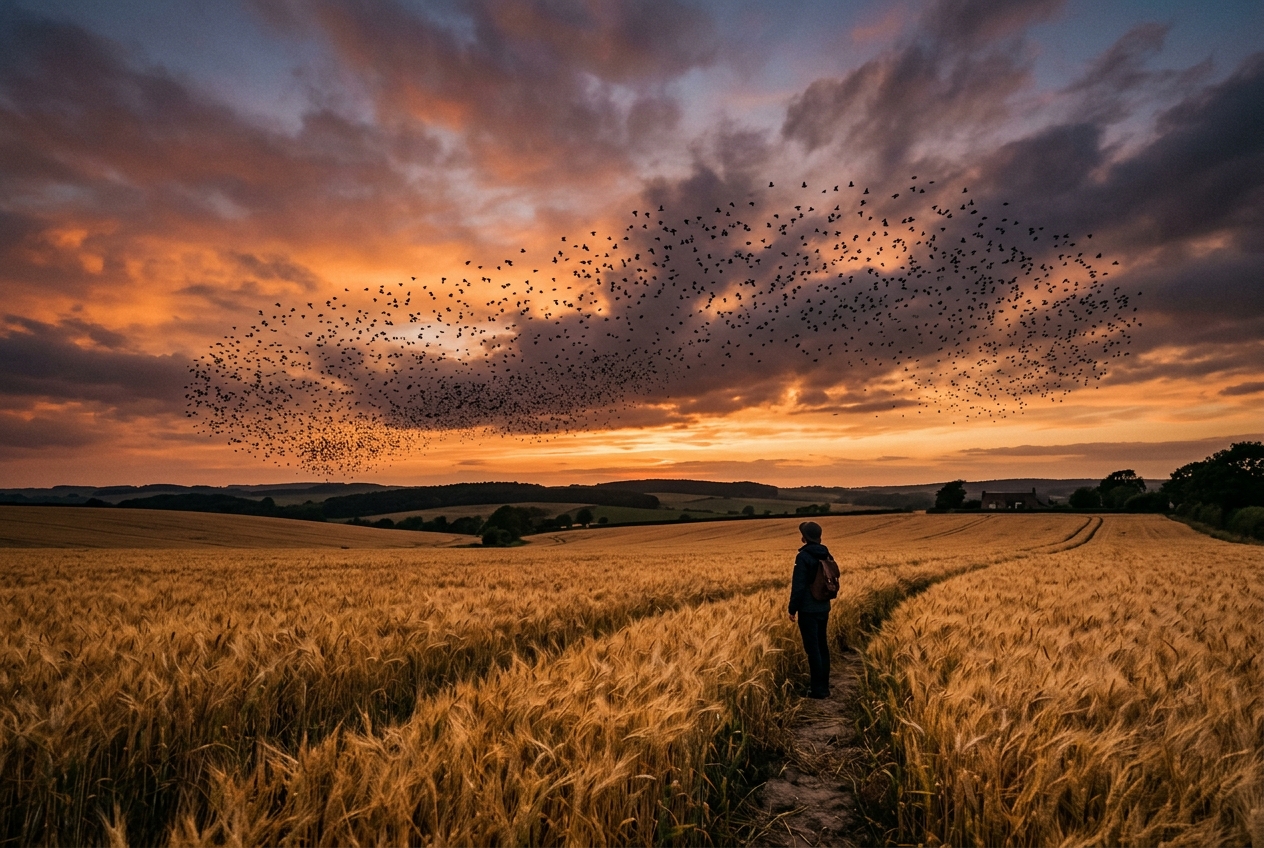 Be a real estate agent — open field at sunset with birds